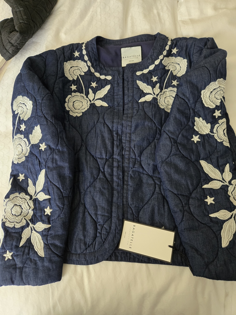 bagatelle Navy Quilted Jacket with White Floral Embroidery